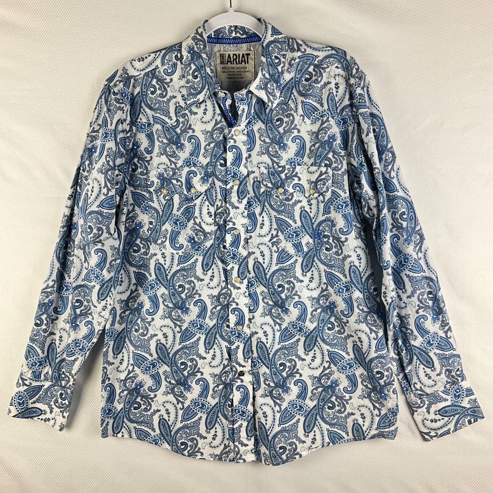 Ariat Mens M Blue Paisley Pearl Snap Western Shirt Pockets